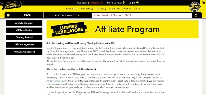 screenshot of the affiliate sign up page for Lumber Liquidators