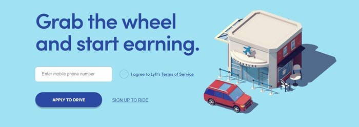 Lyft website screenshot showing a stylized image of a car at an airport departure lounge, on top of a sky blue background. 