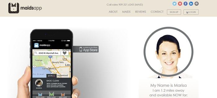 MaidsApp website screenshot showing a screenshot of the app, along with an image of one maid called Marisa. 