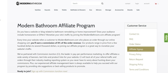 screenshot of the affiliate sign up page for Modern Bathroom