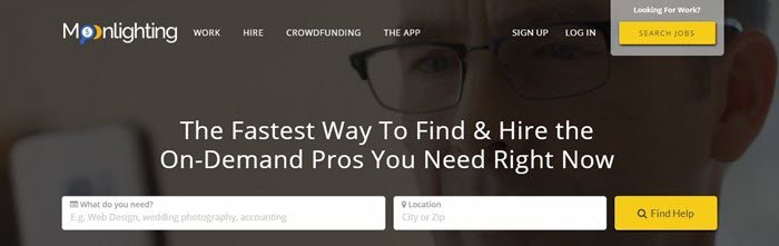 Moonlighting website screenshot showing a background image of a young man in glasses, with text about finding on-demand pros. 