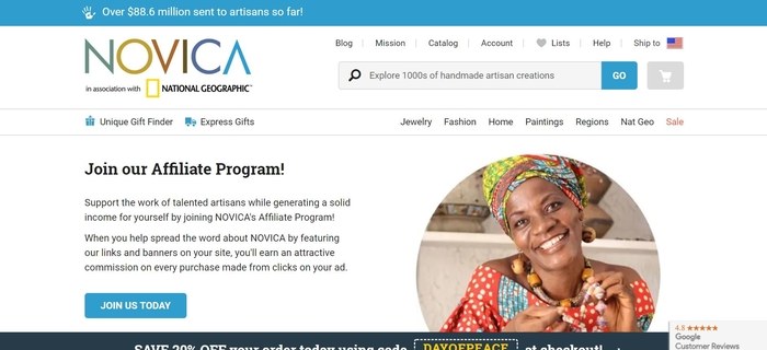 screenshot of the affiliate sign up page for NOVICA