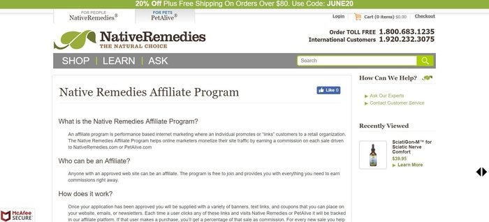 screenshot of the affiliate sign up page for Native Remedies