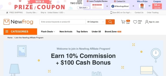 screenshot of the affiliate sign up page for Newfrog