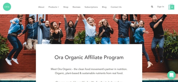 screenshot of the affiliate sign up page for Ora Organic