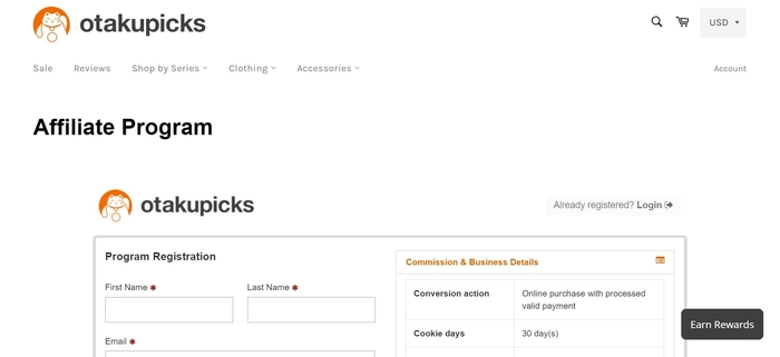 screenshot of the affiliate sign up page for Otakupicks