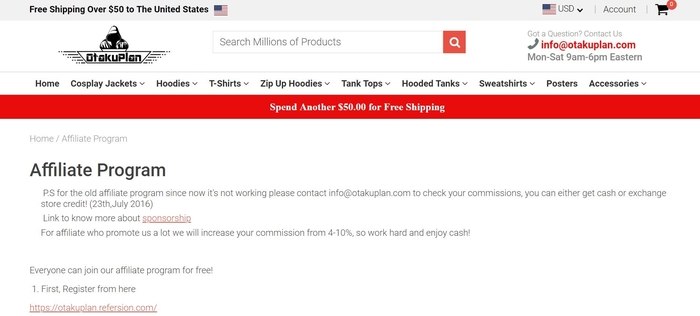 screenshot of the affiliate sign up page for Otakuplan