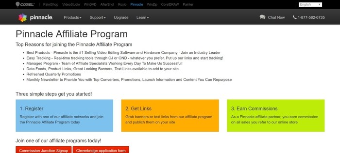 screenshot of the affiliate sign up page for Pinnacle