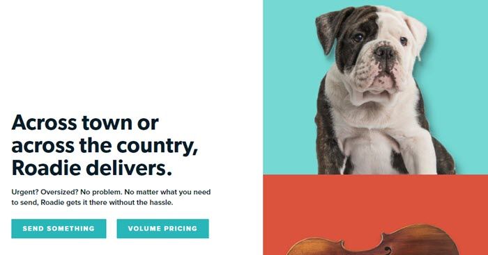 Roadie website screenshot showing text about how Roadie delivers, along with an image of a dog and one of a violin. 