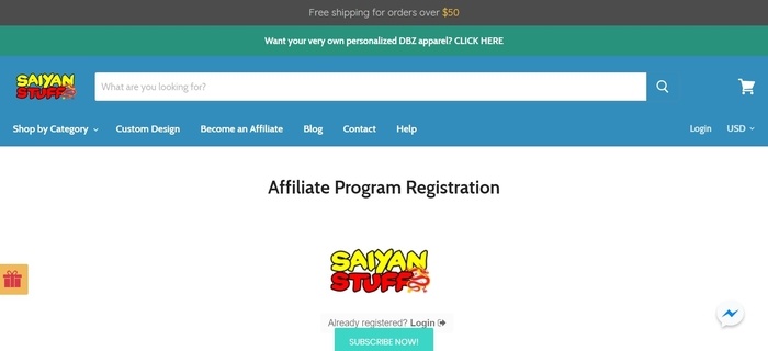 screenshot of the affiliate sign up page for Saiyan Stuff