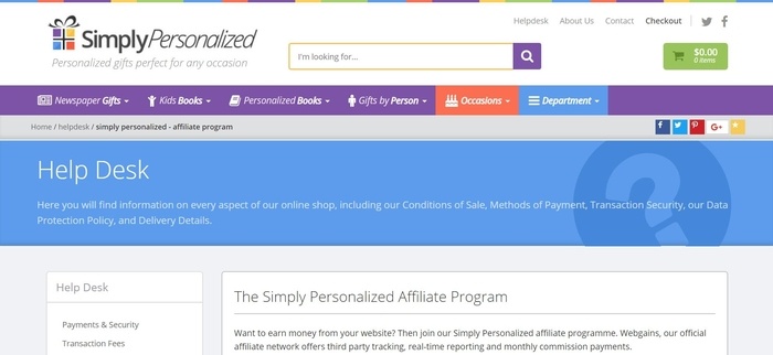 screenshot of the affiliate sign up page for Simply Personalized