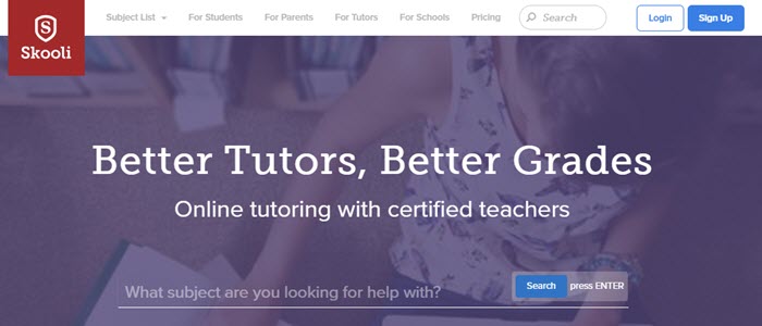 Skooli website screenshot showing a background image of a young girl doing homework, with text about better tutors and better grades.