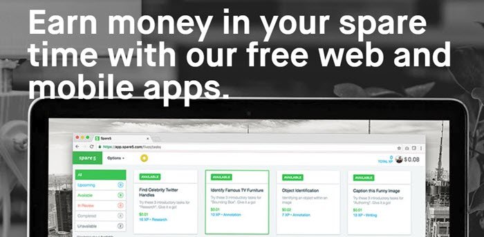 Spare5 website screenshot showing various tasks on the Spare5 website, along with text about earning in your free time. 