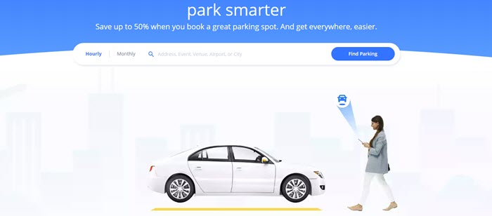 SpotHero website screenshot showing an isolated image of a woman walking toward a car, with a stylized city in the background. 