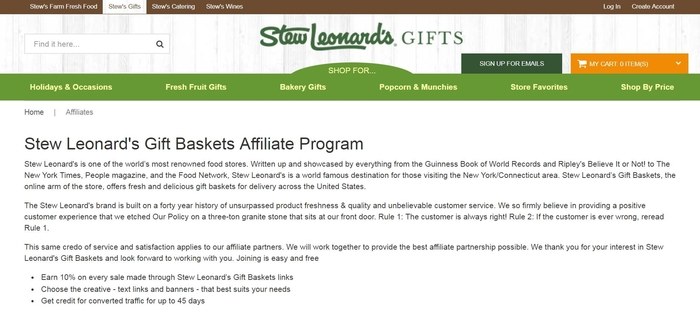 screenshot of the affiliate sign up page for Stew Leonard's Gift Baskets