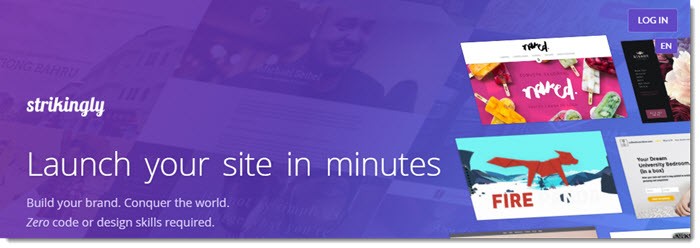 Strikingly website screenshot showing a purple background with various website images on it