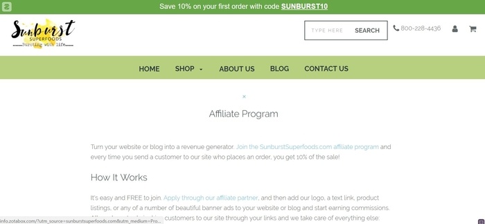  screenshot of the affiliate sign up page for SunburstSuperfoods