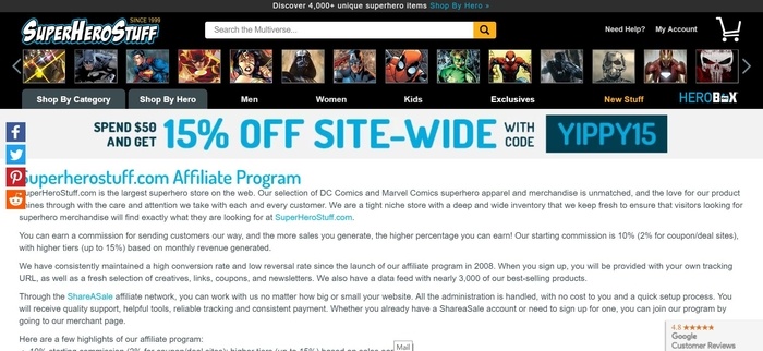 screenshot of the affiliate sign up page for SuperHeroStuff