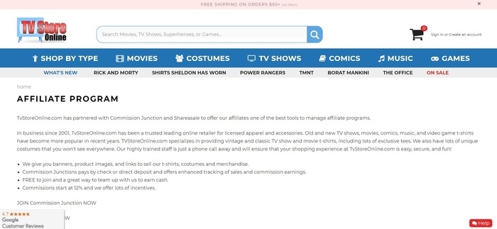  screenshot of the affiliate sign up page for TV Store Online