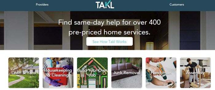 Takl website screenshot showing an image of a house, with small images that highlights some of the individual types of work that Takl offers. 