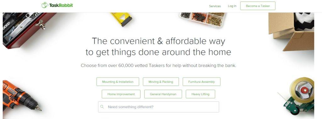 TaskRabbit website screenshot showing various tools against a white background, along with information about getting things done around the home. 