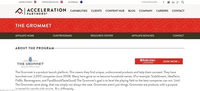 screenshot of the affiliate sign up page for The Grommet