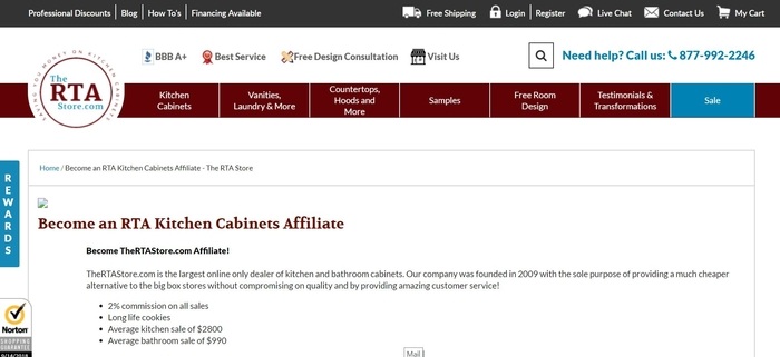 screenshot of the affiliate sign up page for TheRTAStore.com