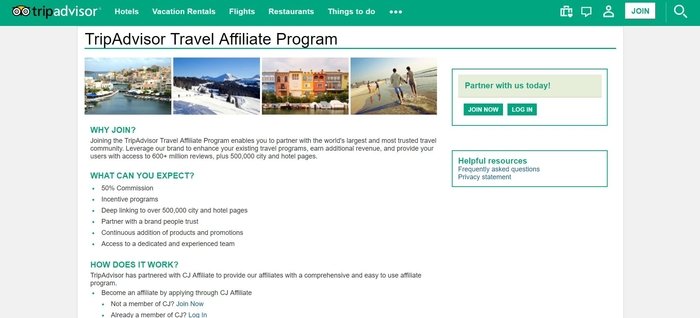 screenshot of the affiliate sign up page for TripAdvisor