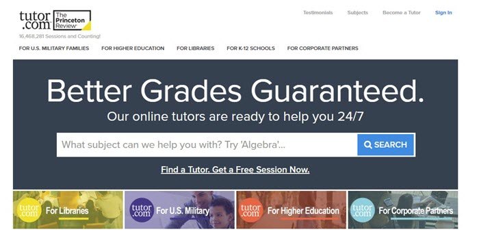 Tutor.com website screenshot showing four different sections and text that guarantees better grades. 