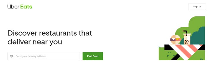 UberEats website screenshot showing a stylized image of a picnic with a burger and shake, plus text about finding restaurants near you. 