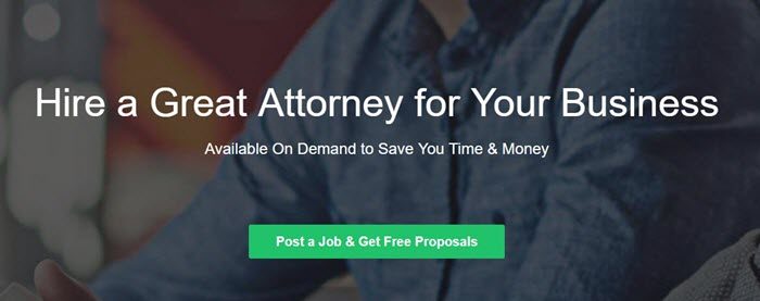 UpCounsel website screenshot showing a background image of a young man, just showing his shirt. White text talks about hiring a great attorney. 