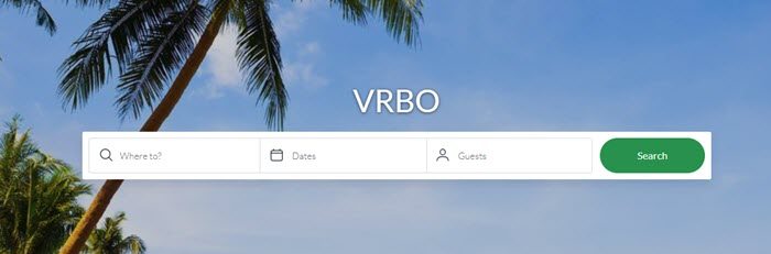 VRBO website screenshot showing an image of a palm tree and the sky, along with boxes about location, dates and guests. 