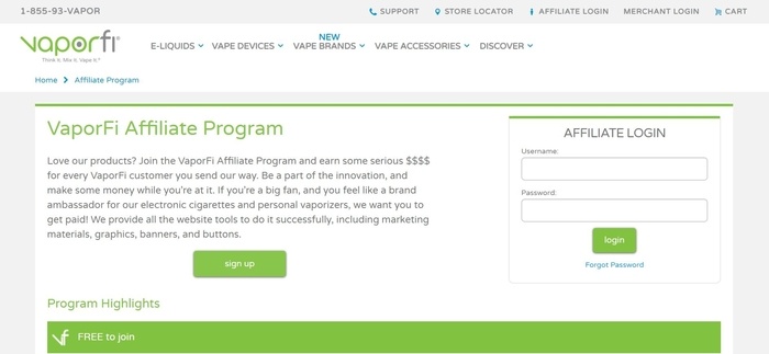 screenshot of the affiliate sign up page for VaporFi