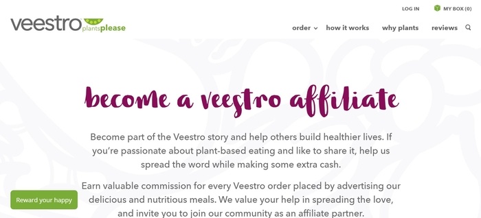 screenshot of the affiliate sign up page for Veestro