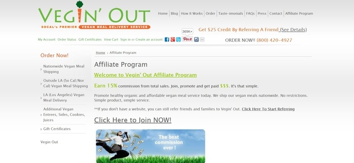 screenshot of the affiliate sign up page for Vegin' Out