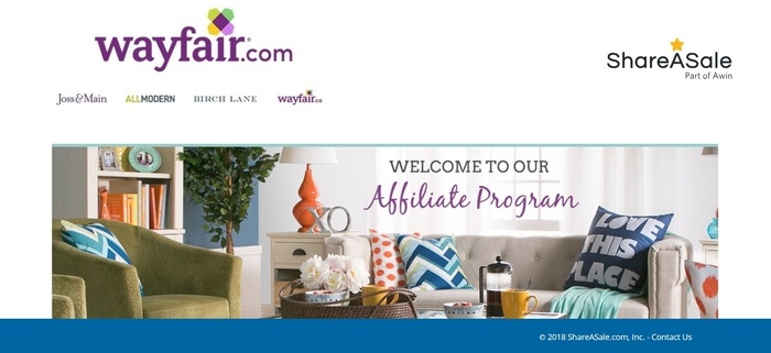 screenshot of the affiliate sign up page for Wayfair