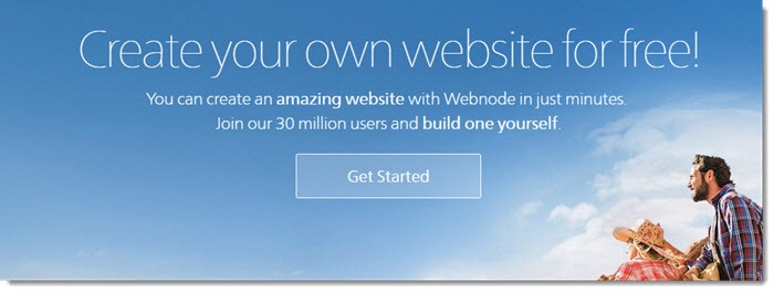 Webnode website screenshot showing a blue sky with clouds and a family in the bottom right