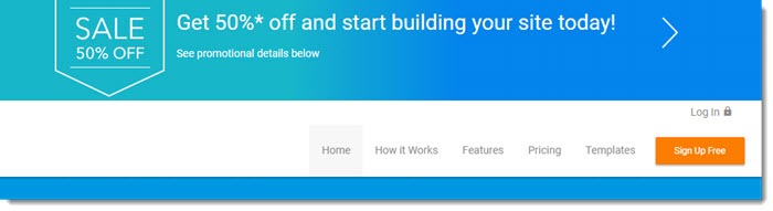 WebsiteBuilder screenshot showing a blue banner with a 50% off deal