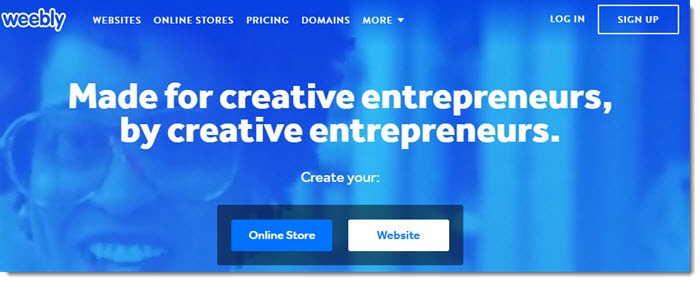 Weebly website screenshot showing a blue overlay over a woman with glasses and text that talks about being made and for creative entrepreneurs