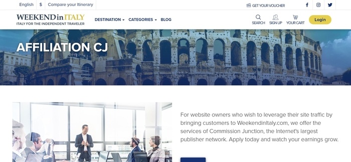 screenshot of the affiliate sign up page for Weekend in Italy