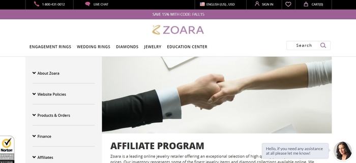 screenshot of the affiliate sign up page for Zoara