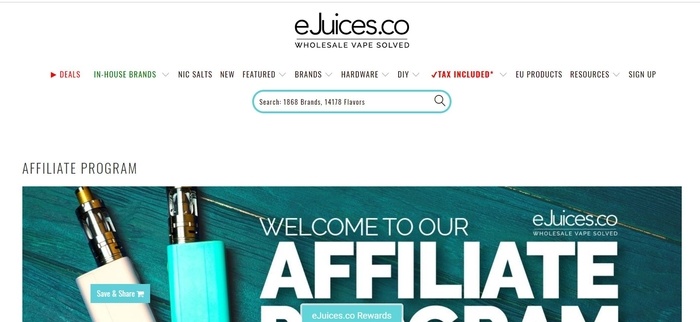 screenshot of the affiliate sign up page for eJuices.co