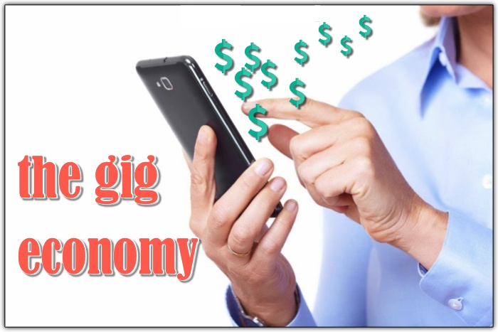 middle aged white man on smartphone with dollar signs floating up and the text "gig economy" showing how people can make money from their smartphones by signing up to share and earn money