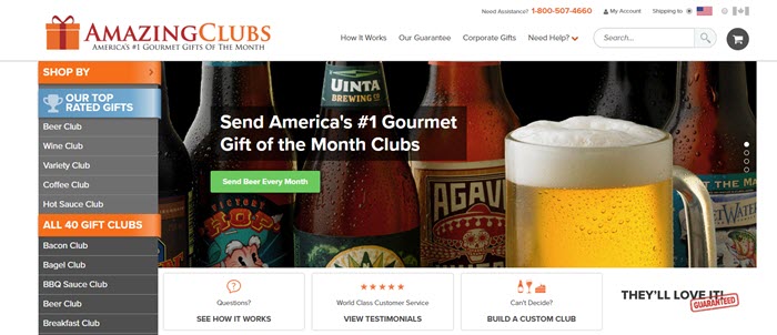 Amazing Clubs website screenshot showing links to the various clubs, along with an image of beer bottles and a mug of beer. 