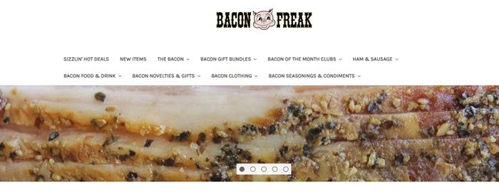 Bacon Freak website screenshot showing a close-up image of bacon. 