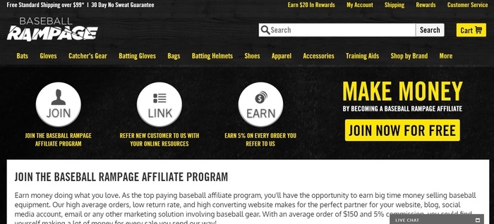 screenshot of the affiliate sign up page for Baseball Rampage