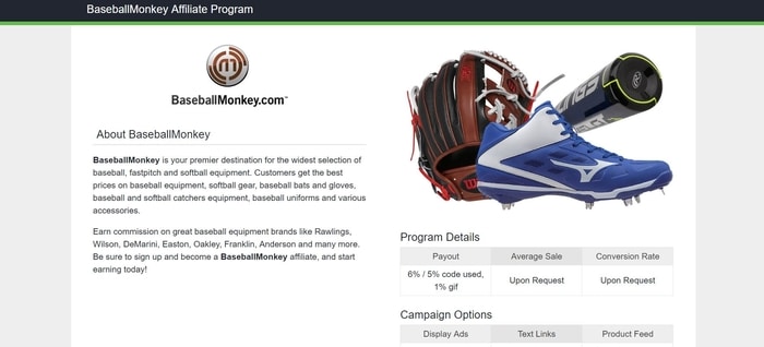 screenshot of the affiliate sign up page for BaseballMonkey