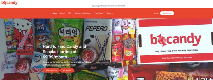 Bocandy Website Screenshot showing the box and a selection of candy.