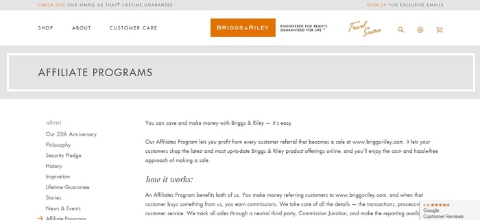 screenshot of the affiliate sign up page for Briggs & Riley Travelware