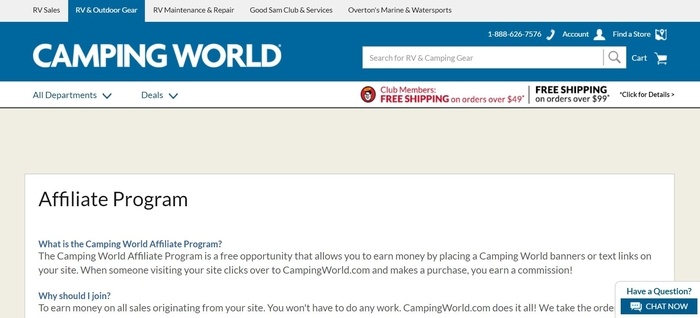 screenshot of the affiliate sign up page for Camping World